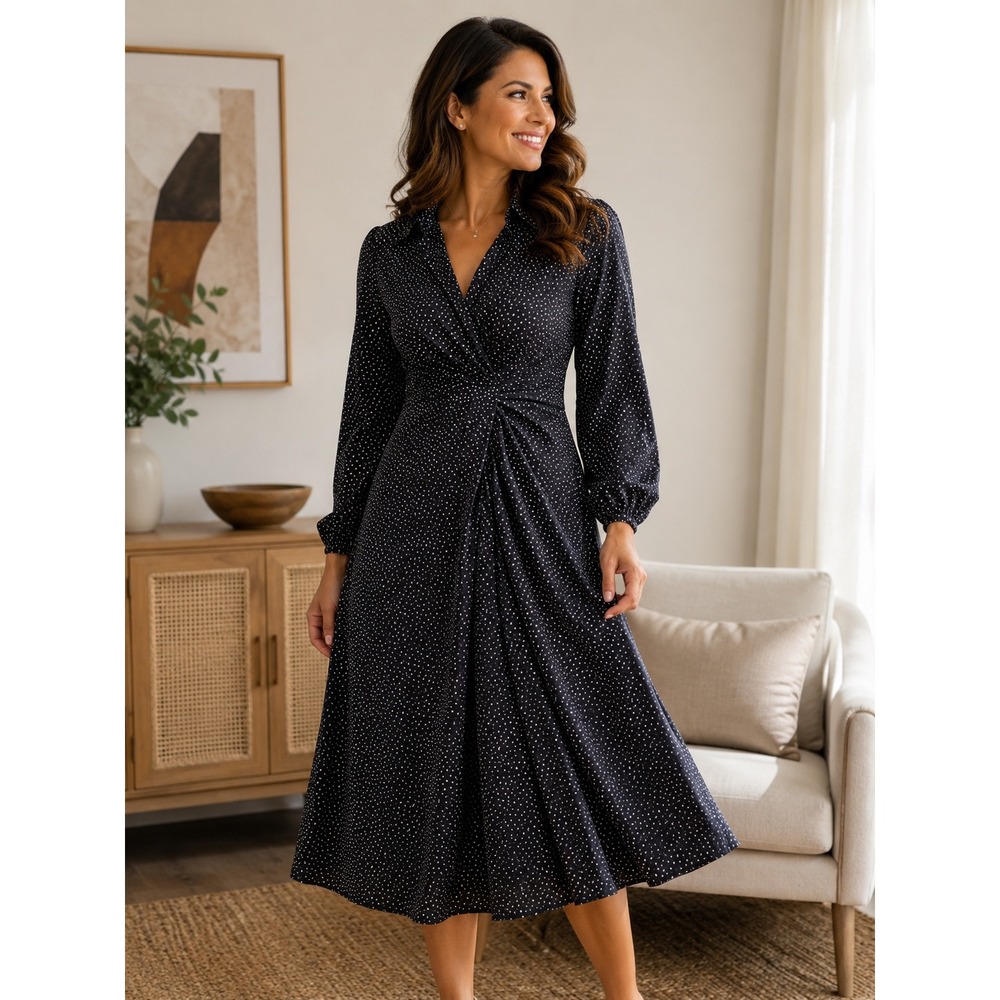 J. Jill Wearever Women L Black White Polka Dot Twist Front Midi Dress Travel